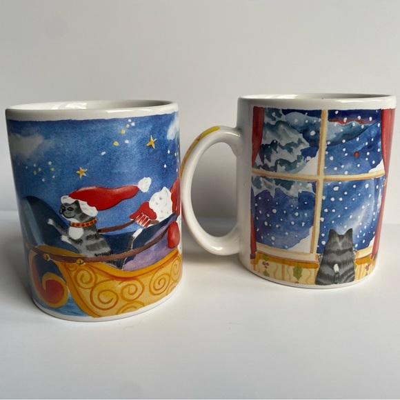 Cat Christmas Mugs Set Of 2 Santa Coffee Holiday Mug Cypress Point Trading Co - Picture 2 of 16